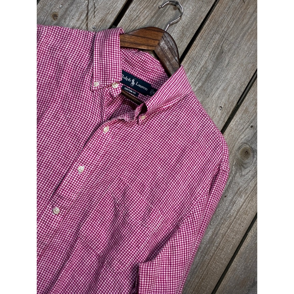 Ralph Lauren Mens XL Custom Fit Linen Gingham Shirt Pink White Long Sleeve